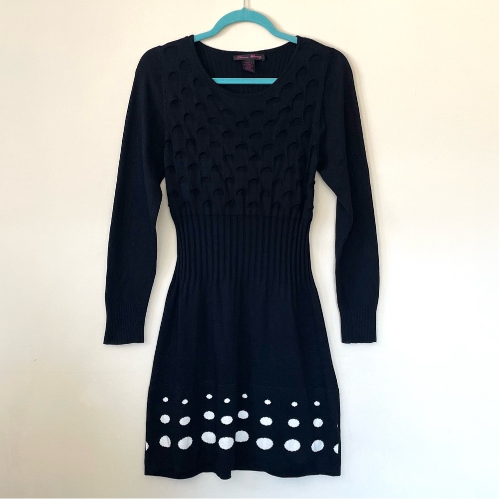 Elena Wang Black and Cream Polka Dot Sweater Mini Dress Size Small